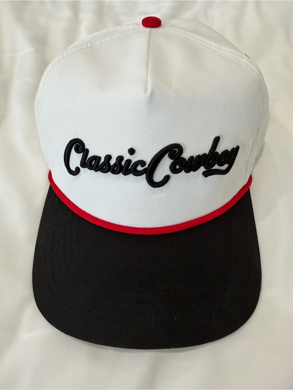 White and Black Snapback Hat with Red Trim